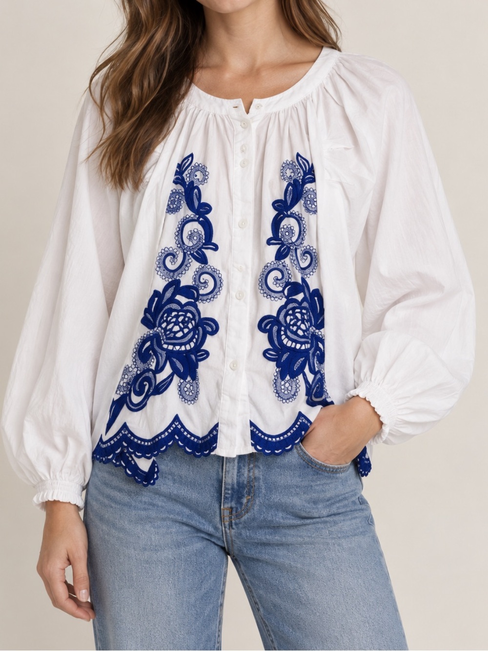 The Shirt by Rochelle Behrens Embroidered Button-Up Poplin Shirt White Small